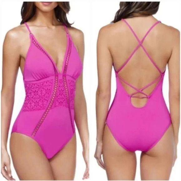 Ambrielle size Large Hot Pink Embroidered Cross Back One Piece Swimsuit Sexy - Picture 1 of 5
